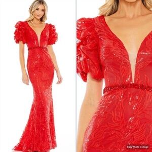 NEW Mac Duggal Embellished Puff Sleeve Plunge Neck Trumpet Gown Red